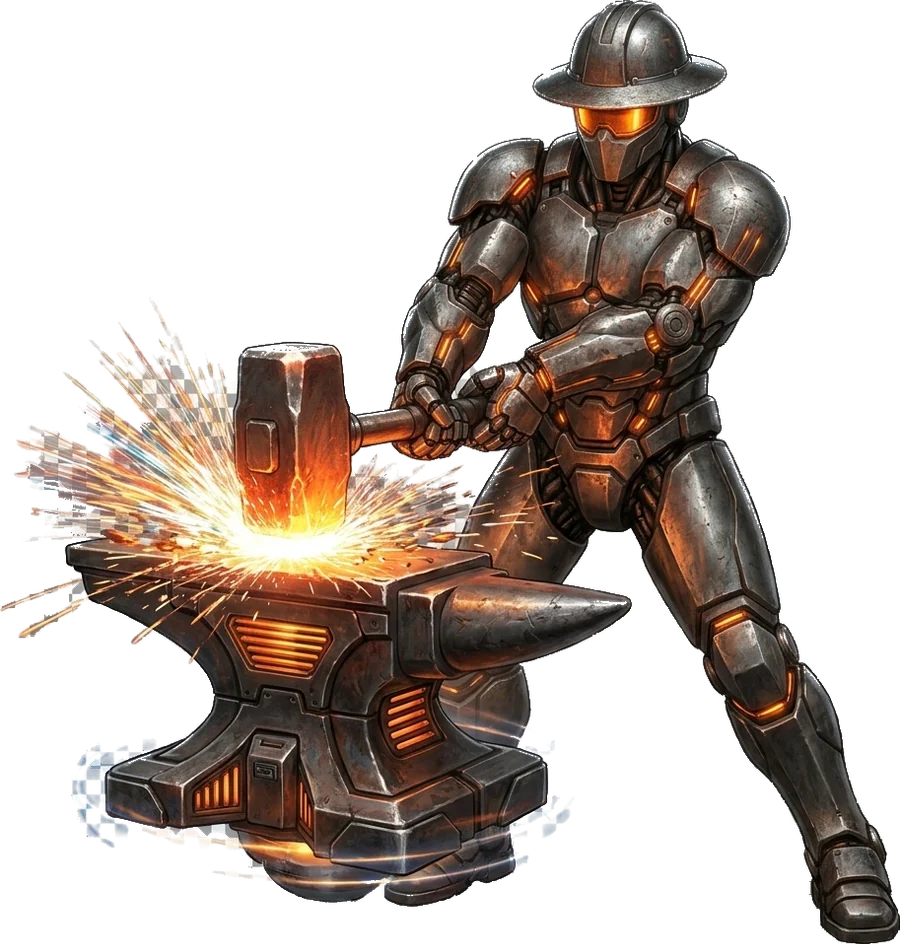 Anvil Systems mascot hammering a glowing anvil